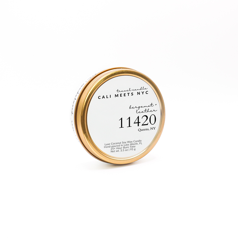11420, Bergamot + Leather Coconut Soy Candle Tin - Cali Meets NYC