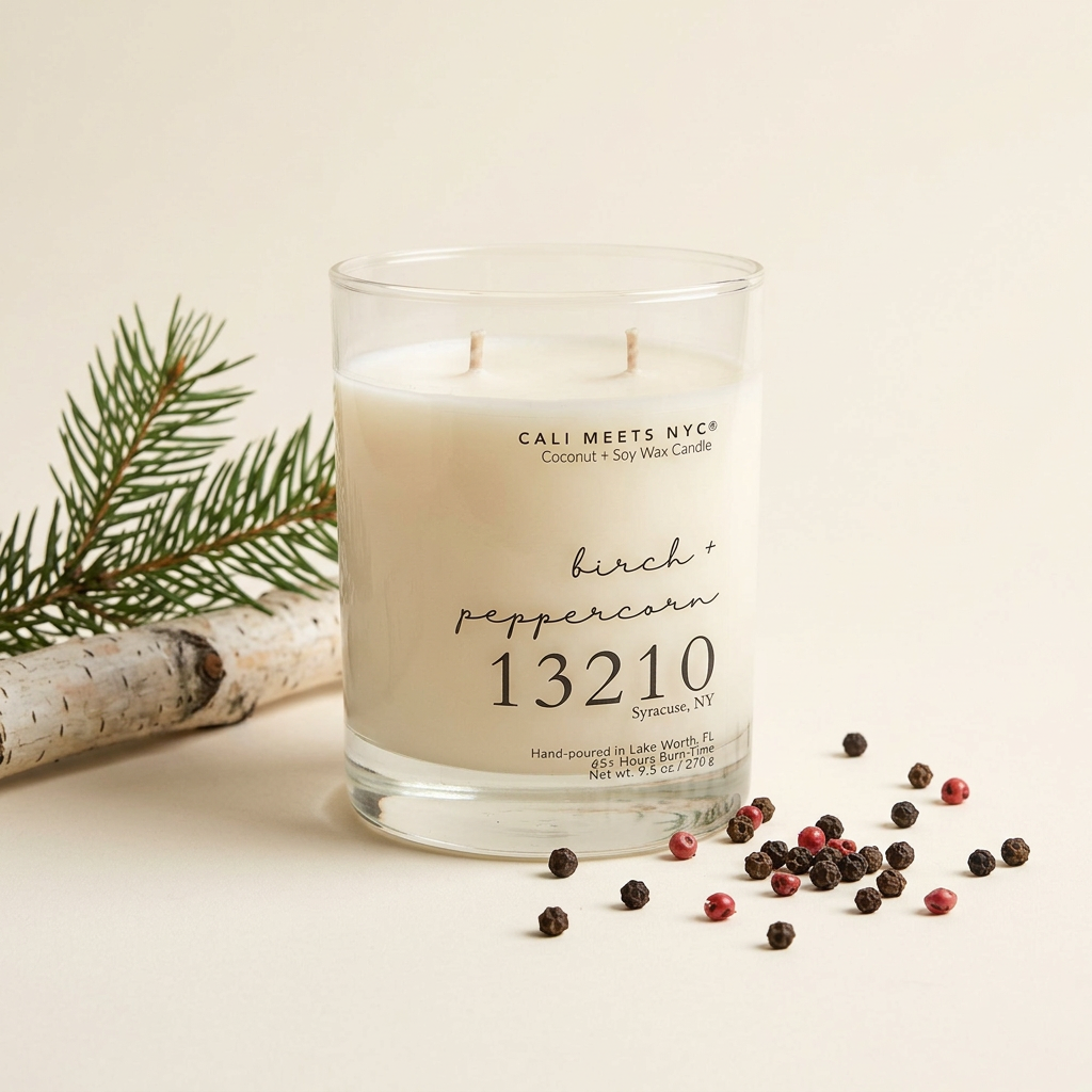 A Call Meets Mych 'birch + peppercorn 13210' scented candle in a clear glass jar with white wax, set against a plain white background.