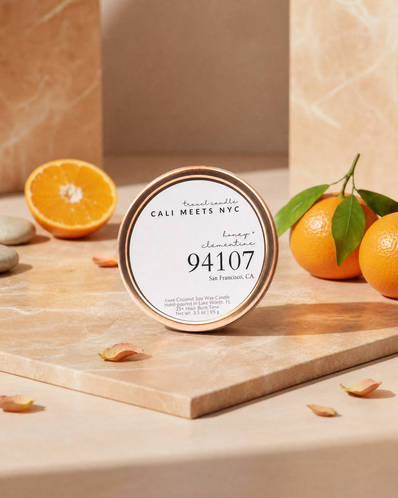 94107, Honey + Clementine Coconut Soy Candle Tin