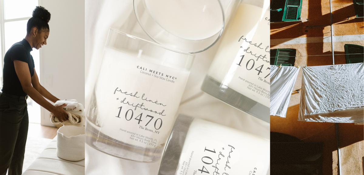 A three-panel collage showing a home fragrance product. The left panel shows a woman folding a white towel in a bright room.
